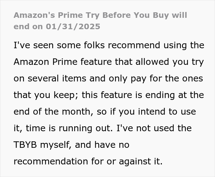Text discussing Amazon ending its 'Try Before You Buy' service by 01/31/2025 due to AI revolution. Text discussing Amazon ending its 'Try Before You Buy' service by 01/31/2025 due to AI revolution.