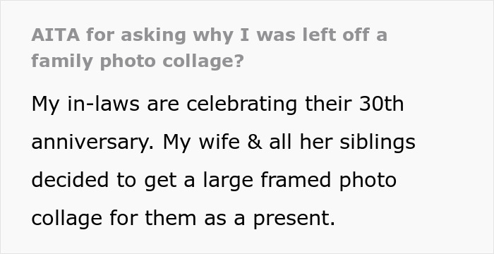 Text reads a husband's notice of absence from in-laws’ anniversary collage gift. Text reads a husband's notice of absence from in-laws’ anniversary collage gift.