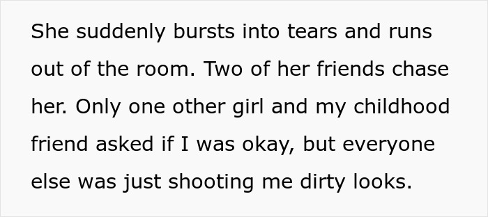 Text about a woman&rsquo;s emotional reaction and friends leaving, related to a conversation on body size.