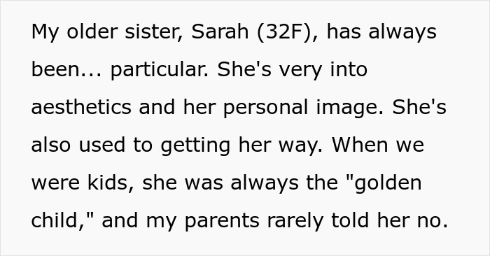 Text describing a sister's demanding nature and family dynamics, related to wedding color scheme drama. Text describing a sister's demanding nature and family dynamics, related to wedding color scheme drama.