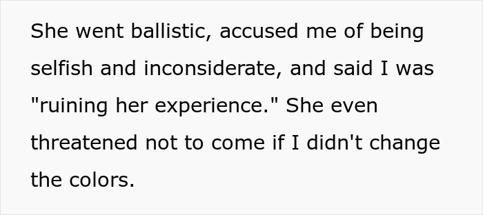 Text highlights sister's demand for wedding color change, describing her as selfish and inconsiderate, causing drama. Text highlights sister's demand for wedding color change, describing her as selfish and inconsiderate, causing drama.