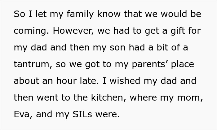 Text snippet about a family's late arrival due to errands and a son's tantrum. Text snippet about a family's late arrival due to errands and a son's tantrum.
