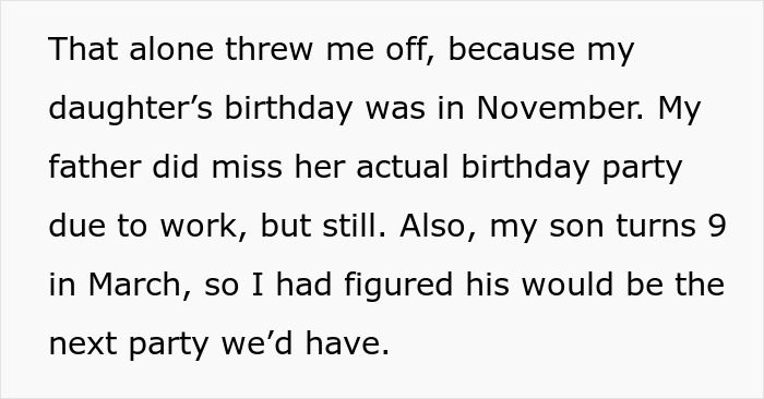 Text discussing a child's November birthday and a missed party due to work. Son's birthday is in March.