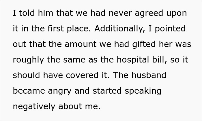 Text discussing hospital expenses related to sister's childbirth and a disagreement about covering the hospital bill.