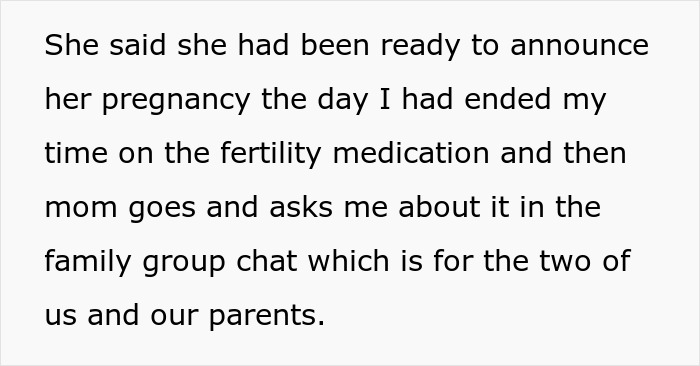 Text discussing a family group chat about pregnancy and fertility medication. Text discussing a family group chat about pregnancy and fertility medication.