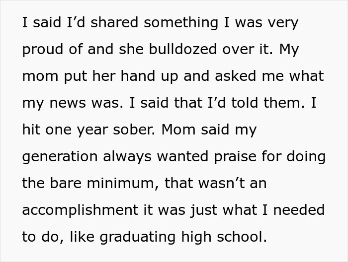 Text message about woman upset over family ignoring sobriety milestone achievement. Text message about woman upset over family ignoring sobriety milestone achievement.