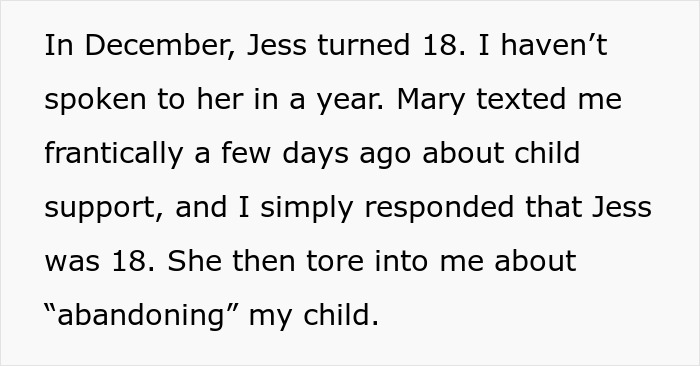 Text about 18-year-old discussing child support and communication issues with dad.