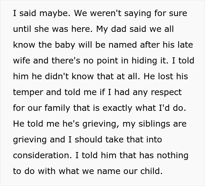 Text discussing dad's grief about naming children after his late wife, highlighting family tension around the decision. Text discussing dad's grief about naming children after his late wife, highlighting family tension around the decision.