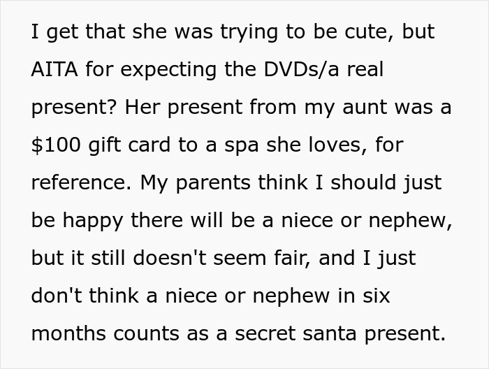 Text discussing a pregnancy announcement not being considered a Christmas present. Text discussing a pregnancy announcement not being considered a Christmas present.