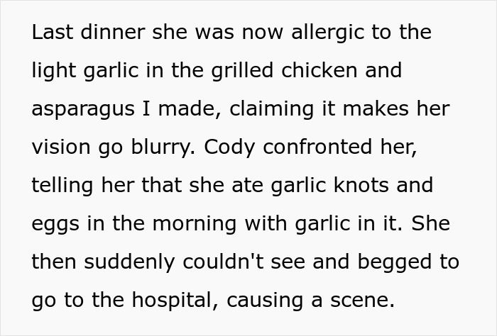 Text about a new allergy revealed at dinner, causing conflict and a scene over garlic in meals. Text about a new allergy revealed at dinner, causing conflict and a scene over garlic in meals.
