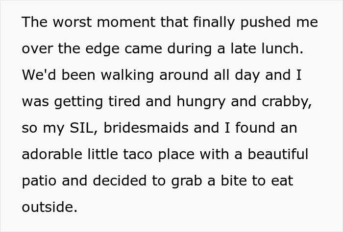 Text about being tired and finding a taco place with bridesmaids during wedding planning.