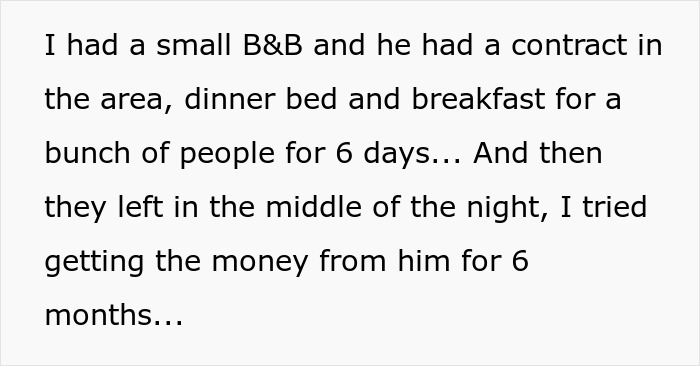 Text recounting a client's non-payment for a 6-day B&B stay, leading to an 8-year-long revenge effort.