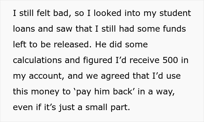 Text about a woman regretting a Europe trip agreement, discussing using student loans to repay boyfriend.