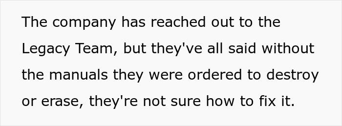 Text discussing company reaching out to Legacy Team after software issues arise.