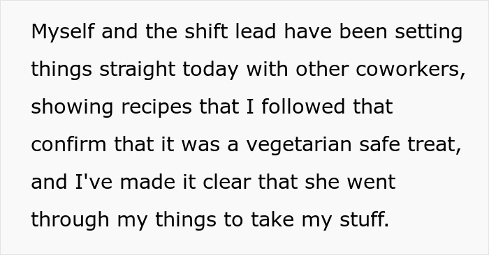 Text about a vegetarian food thief, shifting blame to a coworker for allegedly poisoning her through snacks.