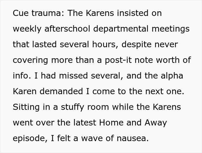 Text about stressful work meetings causing nausea, referencing "Traumatize Them Back. Text about stressful work meetings causing nausea, referencing "Traumatize Them Back.