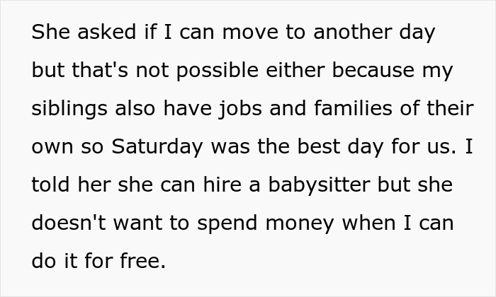 Text discussing scheduling conflicts about watching a stepkid, mentions hiring a babysitter.