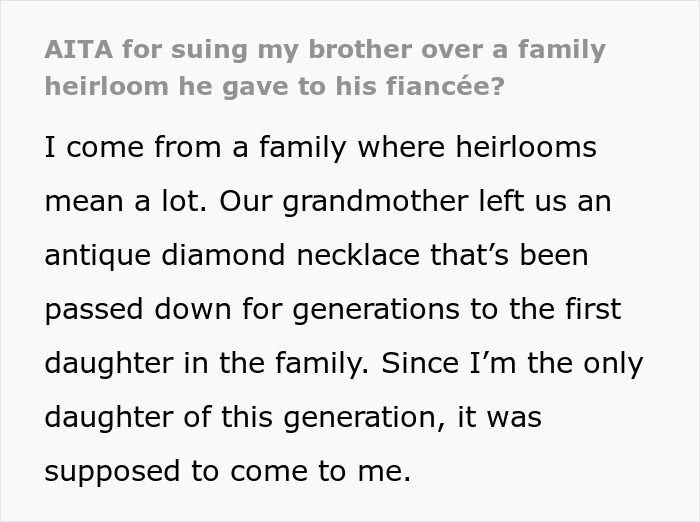 Text about a family feud over a diamond heirloom intended for the first daughter, being disputed in court.