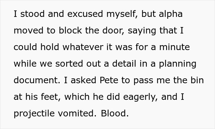Text describing a stressful work meeting leading to vomiting blood. Text describing a stressful work meeting leading to vomiting blood.