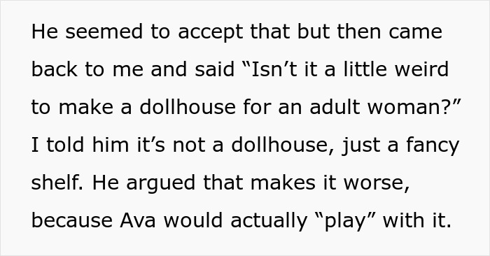 Text discussing a dispute over a replica house made for a wife, brother insists it be gifted to his daughter. Text discussing a dispute over a replica house made for a wife, brother insists it be gifted to his daughter.