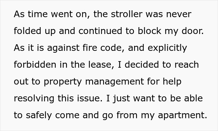 Text about neighbor's stroller blocking door and being against fire code.