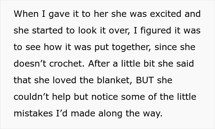 Text describing a handmade gift and a woman's reaction, highlighting perfection demands. Text describing a handmade gift and a woman's reaction, highlighting perfection demands.