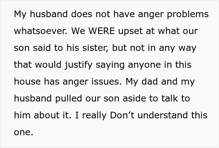 Text describing a family's response to an accusation about anger issues.