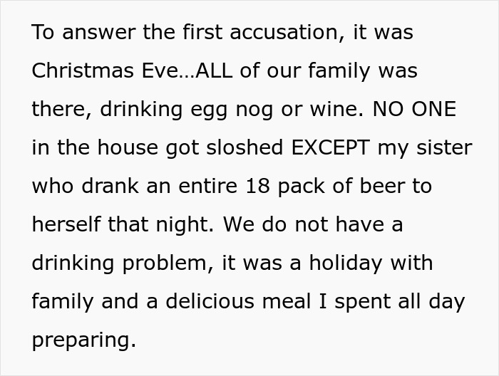 Text about a woman describing a holiday meal and family drinking, mentioning a sister drinking excessively.