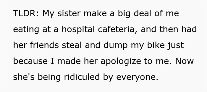 Spoiled brat controversy: Sister dumps brother’s bike after hospital cafeteria disagreement. Spoiled brat controversy: Sister dumps brother’s bike after hospital cafeteria disagreement.