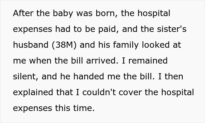 Text about hospital expenses for childbirth not covered by sister's relative.