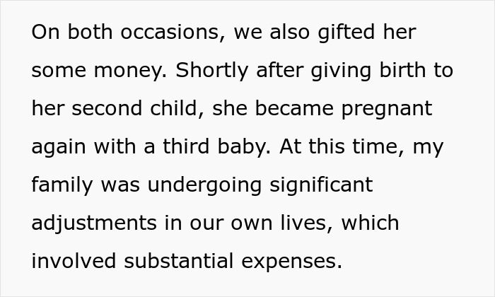 Text discussing family financial adjustments related to sister's childbirth hospital expenses.