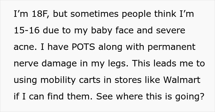Text describing a young person using Walmart mobility carts due to disability-related issues.