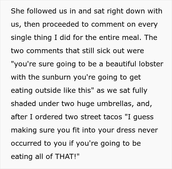 Text block describing incidents at a rehearsal dinner related to a wedding.