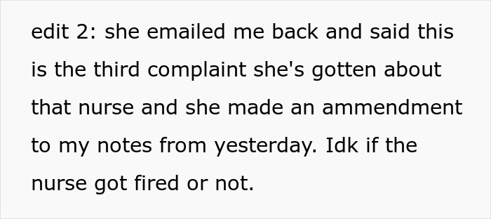 Text message about nurse complaints and amendments to notes after a hysterectomy appointment.