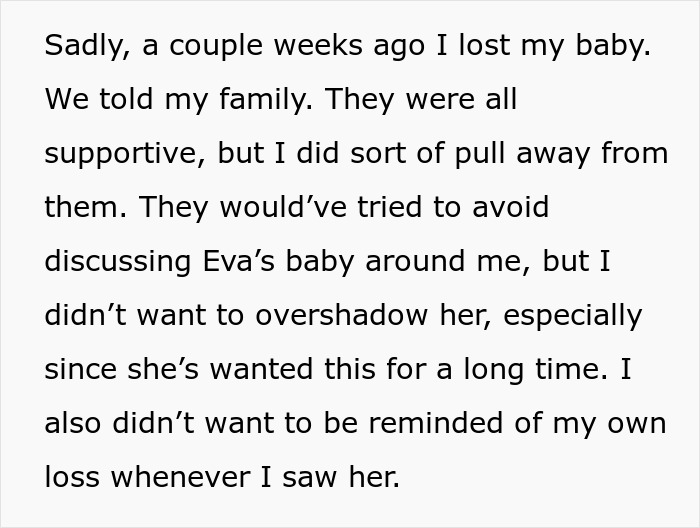 Text about a woman's experience with family after her miscarriage, avoiding overshadowing her sister's pregnancy. Text about a woman's experience with family after her miscarriage, avoiding overshadowing her sister's pregnancy.