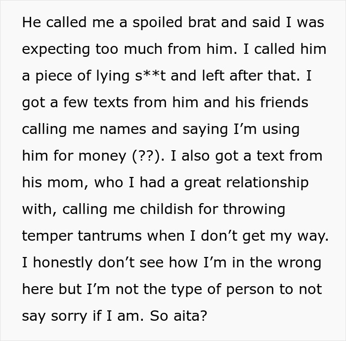 Text exchange where GF is called a spoiled brat and BF a liar, discussing birthday perfume argument.