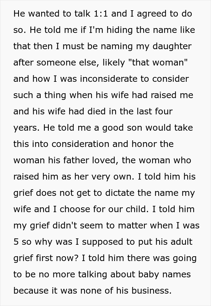 Text discussing dad's grief over name choice for children, expressing tension and personal considerations. Text discussing dad's grief over name choice for children, expressing tension and personal considerations.