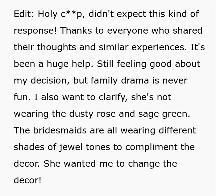 Wedding drama over color scheme change, bridesmaids in jewel tones, family reactions. Wedding drama over color scheme change, bridesmaids in jewel tones, family reactions.