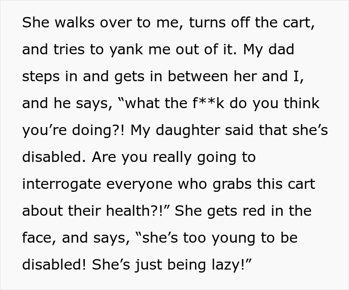 Text discussing an incident where a Walmart employee allegedly questions a teen's need for a mobility cart.