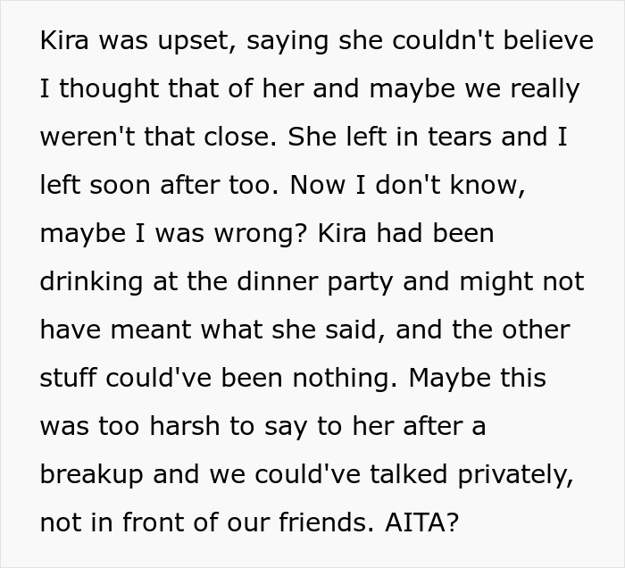 Text screenshot discussing a friend's behavior at a dinner party, questioning actions after a breakup.