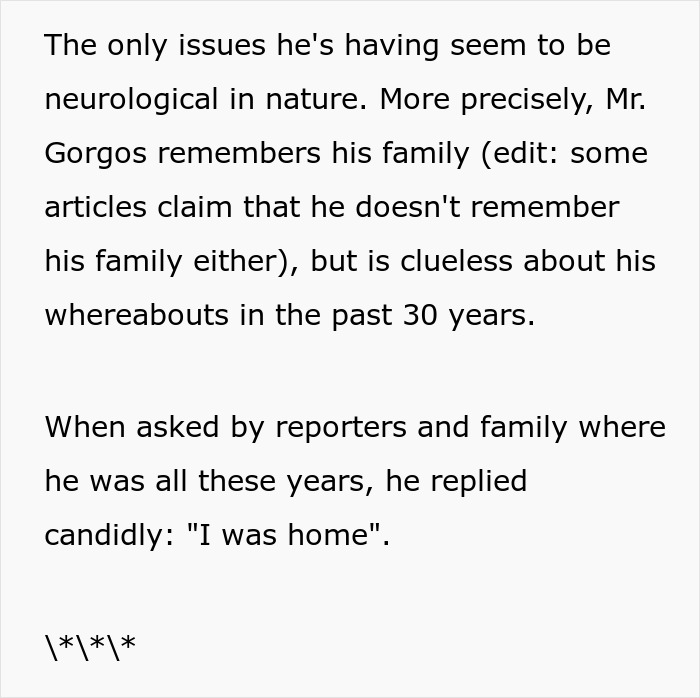 Missing man's mysterious disappearance; text about memory loss and absence over 30 years, quotes "I was home".