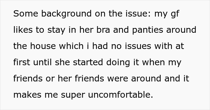 Text explaining discomfort due to girlfriend's behavior around friends, highlighting a family-uncomfortable situation.