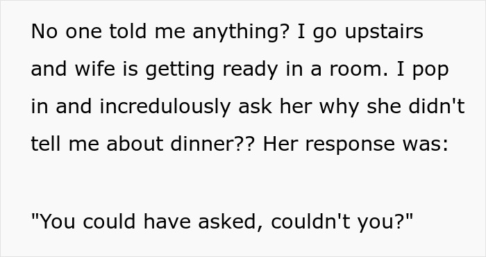 Text about discovering a dinner exclusion, questioning in-laws about the event. Text about discovering a dinner exclusion, questioning in-laws about the event.