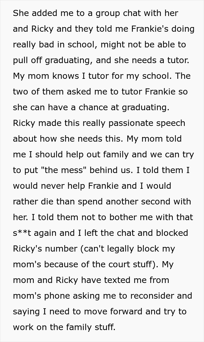 Teen refuses to tutor mom's stepkid after years of bullying, depicted in a chat message screenshot.