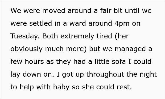 Text discussing post-C-section hospital stay, mentioning fatigue and efforts to assist with the newborn.