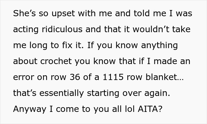 Text exchange discussing demands for a handmade crochet gift and frustration over fixing an error on a large blanket. Text exchange discussing demands for a handmade crochet gift and frustration over fixing an error on a large blanket.