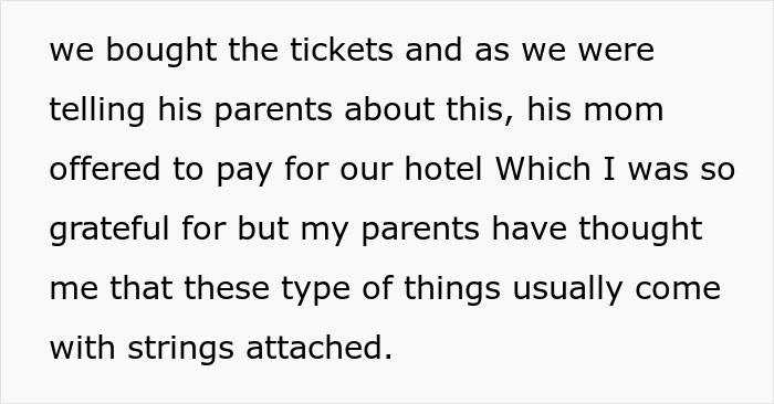Text discussing MIL paying for hotel on son's vacation, hinting at her joining and staying in their room.