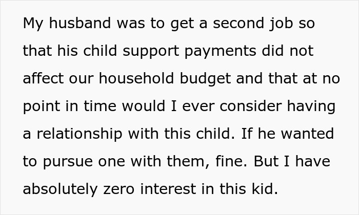 Text about a husband's second job to cover child support, with wife disinterested in the affair child.