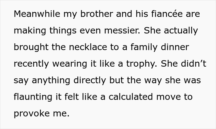 Text about a brother's fianc&eacute;e flaunting a family heirloom necklace at dinner, creating tension and provoking the sister.