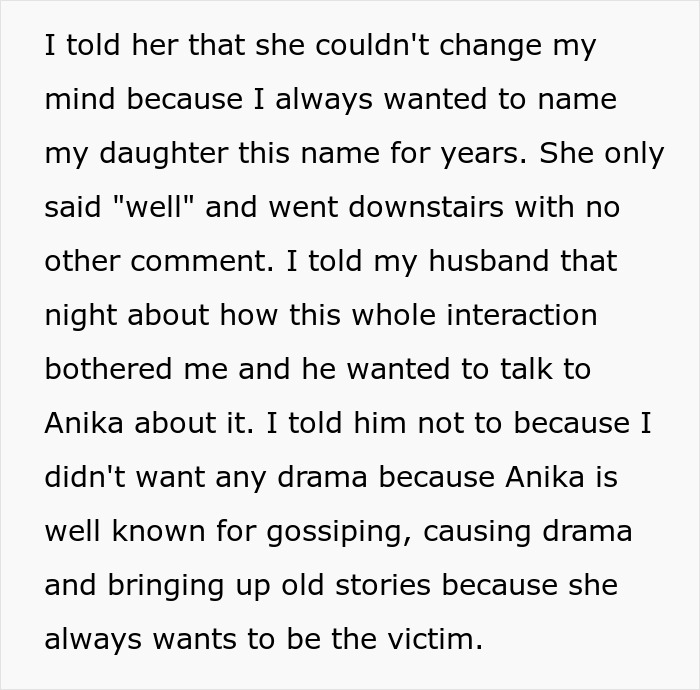 Text excerpt discussing a disagreement about a baby name decision, focusing on avoiding drama and gossip.